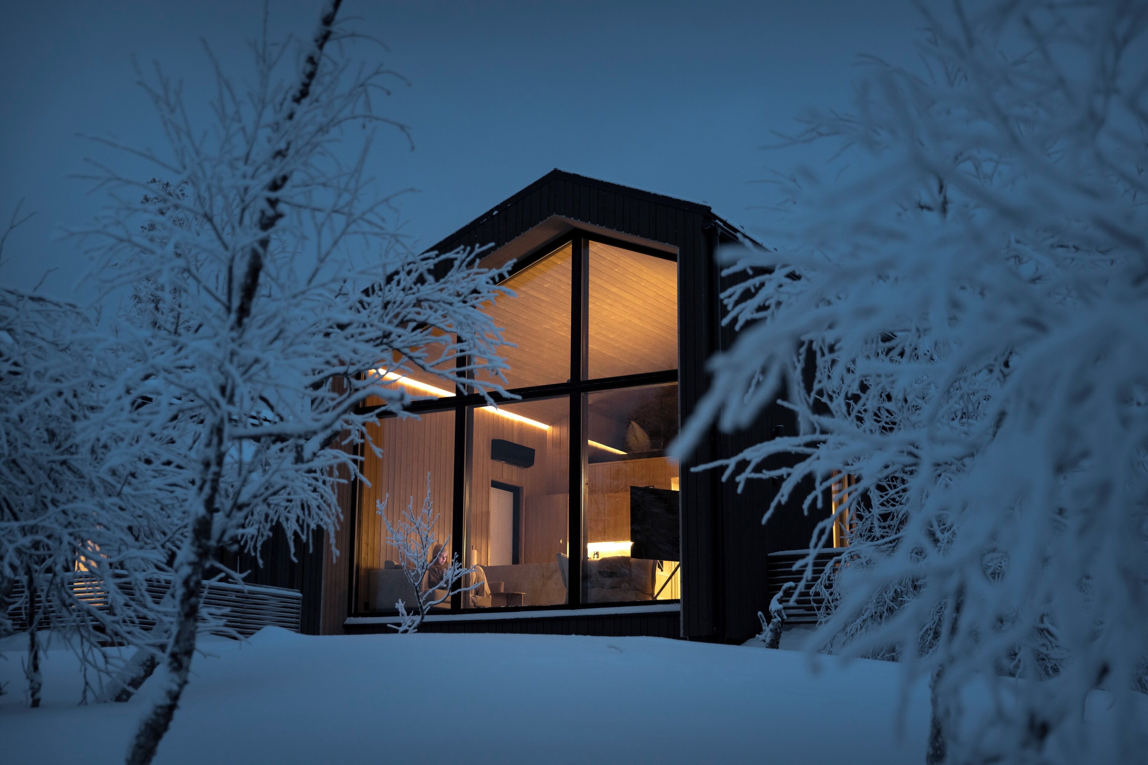 A modern house with a large glass window, surrounded by snow-covered trees.