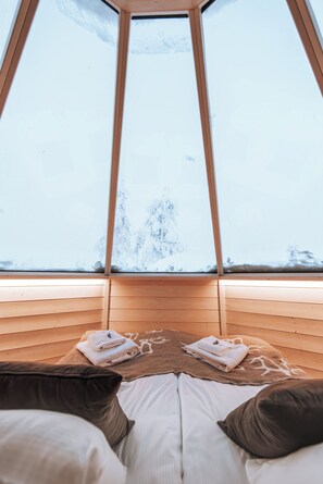 Una habitación con cama, almohadas y ventana con vista a un paisaje nevado.