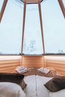 A room with a bed, pillows, and a window with a view of a snowy landscape.