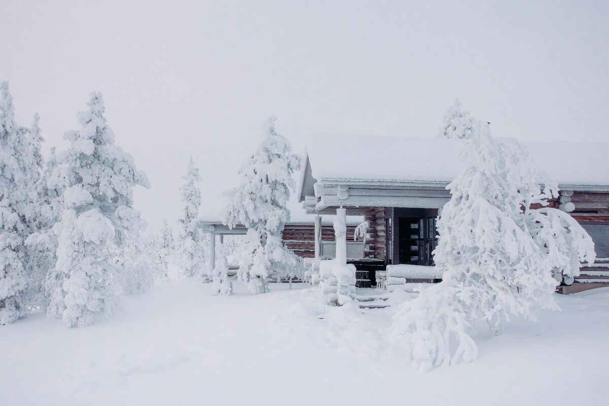 A snow-covered building with a wooden exterior, surrounded by snow-laden trees.