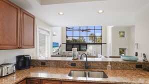A modern kitchen with granite countertops, a stainless steel sink, wooden cabinets, and a large window offering a view of palm trees. - Luxury home near the beach and shopping! Private backyard and pool! (Anna Maria)