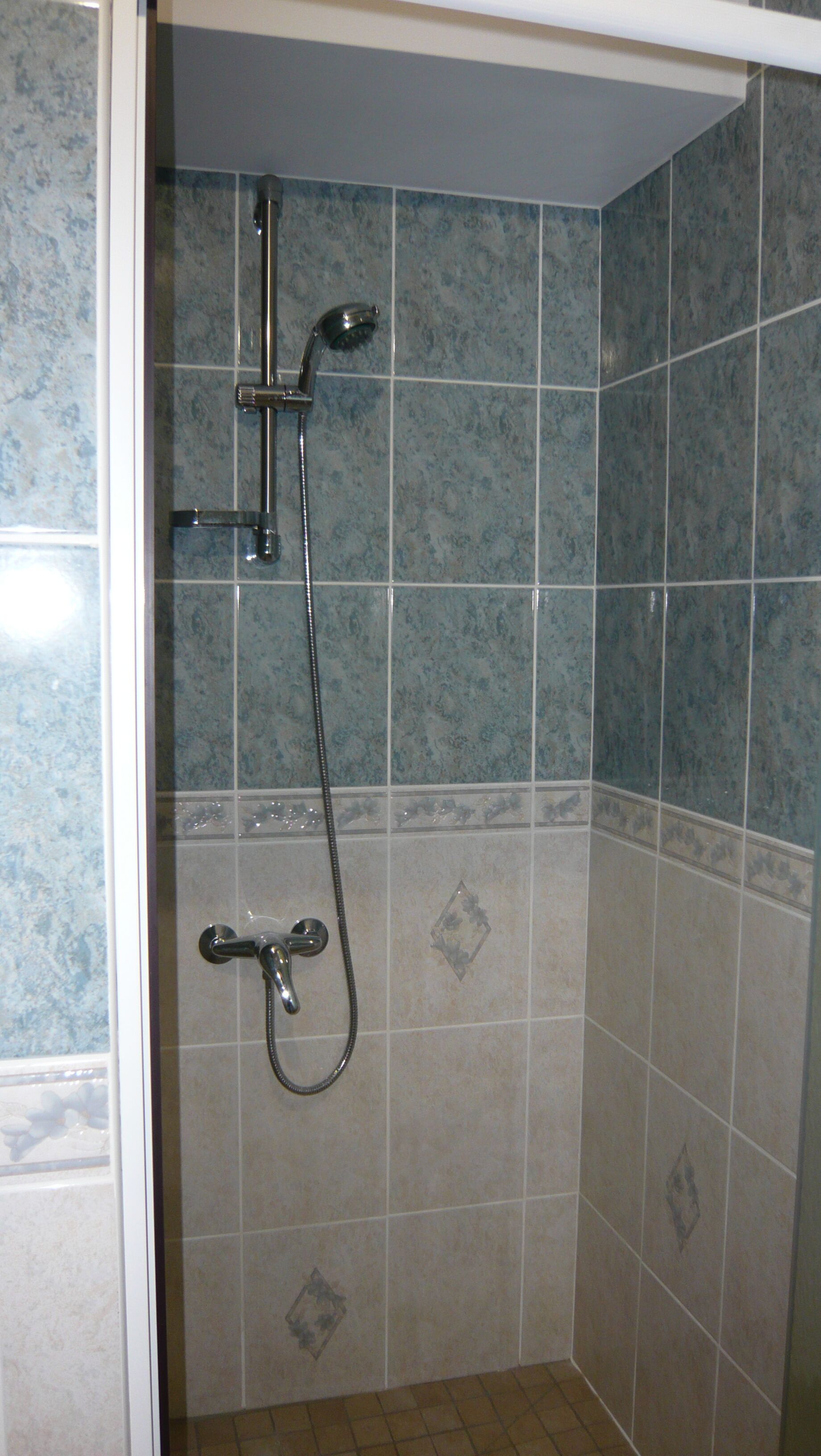 A shower area with a handheld showerhead and a wall-mounted faucet.