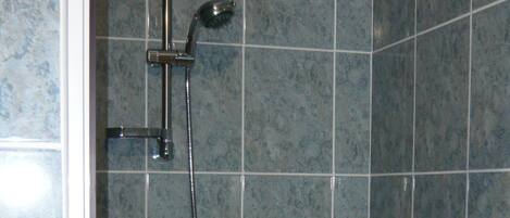 A shower area with a handheld showerhead and a wall-mounted faucet.