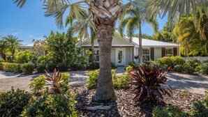 Una casa con un jardín bien cuidado, que incluye una palmera y diversos arbustos.