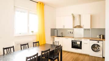 Een koelkast, een oven, een kookplaat, een vaatwasser