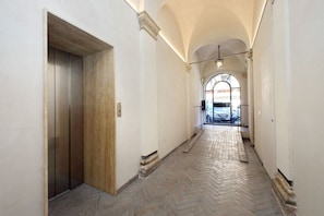 A hallway with a wooden elevator door, a herringbone patterned floor, and an arched ceiling.