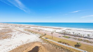 A coastal road with a beach and palm trees. - Stunning Gulf Front Views*Tower 3-0709 (Pensacola Beach)