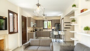 Eine moderne Küche mit Essbereich, einem grauen Sofa und einem Kamin.