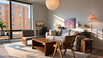 A modern living room with a sofa, coffee table, and side tables, large windows with a view of buildings, and a hanging light fixture.