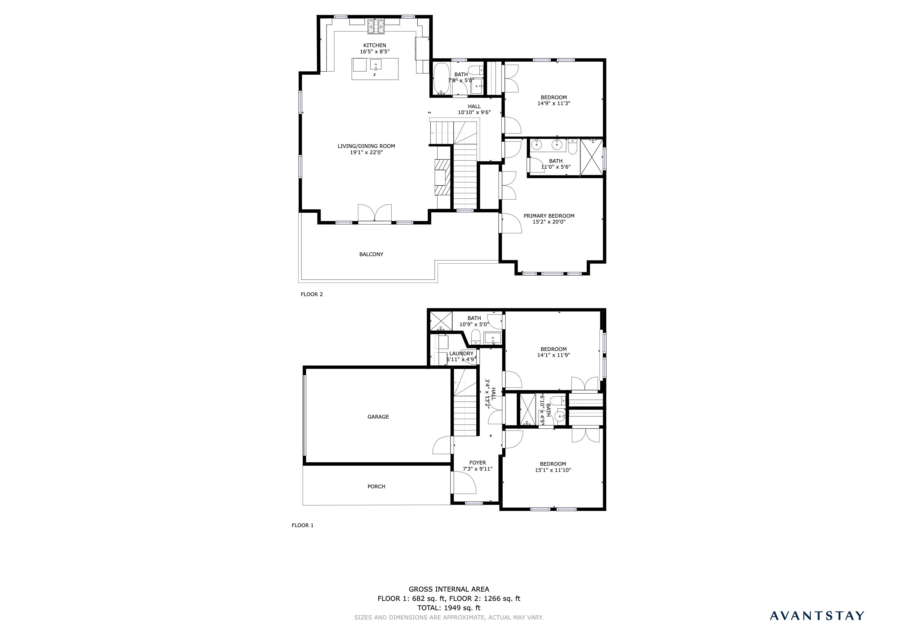 A floor plan of a two-story house with a total internal area of 1949 sq. ft. The first floor includes a garage, foyer, porch, and a bedroom. The second floor features a living/dining room, kitchen, two bathrooms, a primary bedroom, and a balcony.
