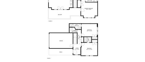 A floor plan of a two-story house with a total internal area of 1949 sq. ft. The first floor includes a garage, foyer, porch, and a bedroom. The second floor features a living/dining room, kitchen, two bathrooms, a primary bedroom, and a balcony.