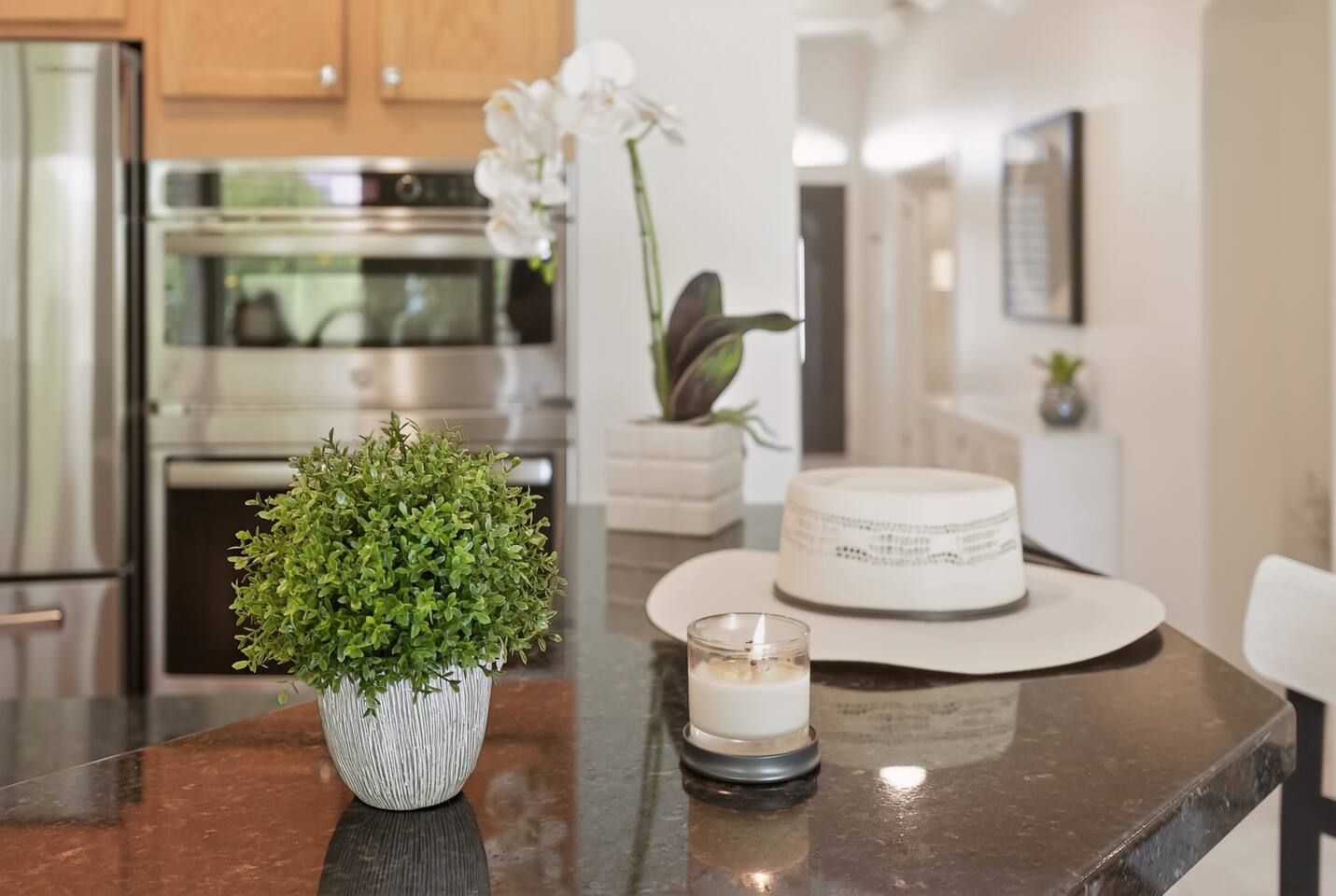 A kitchen counter with a potted plant, a candle, and a decorative plate.