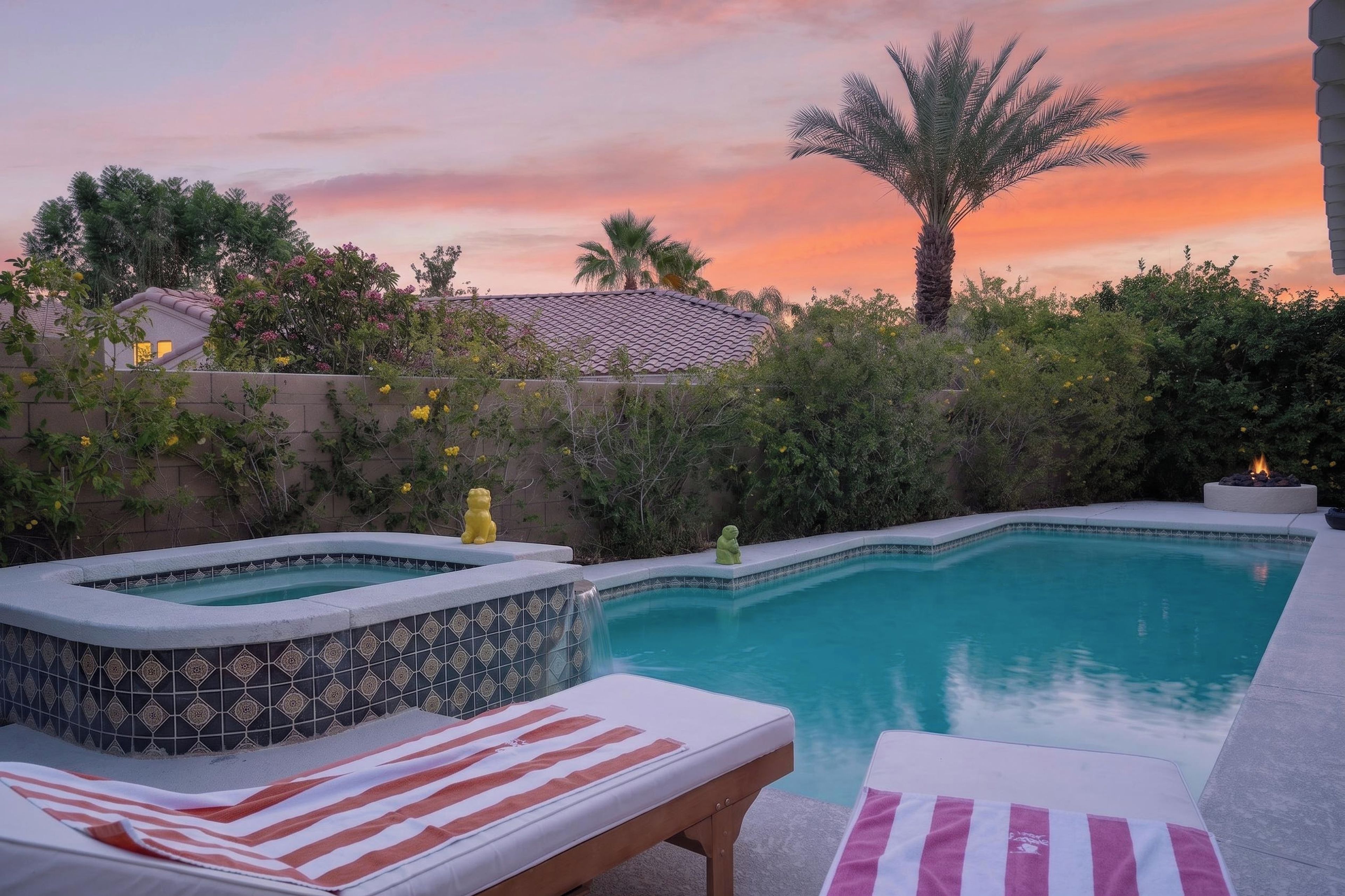A swimming pool with a hot tub, lounge chairs, and a sunset view.