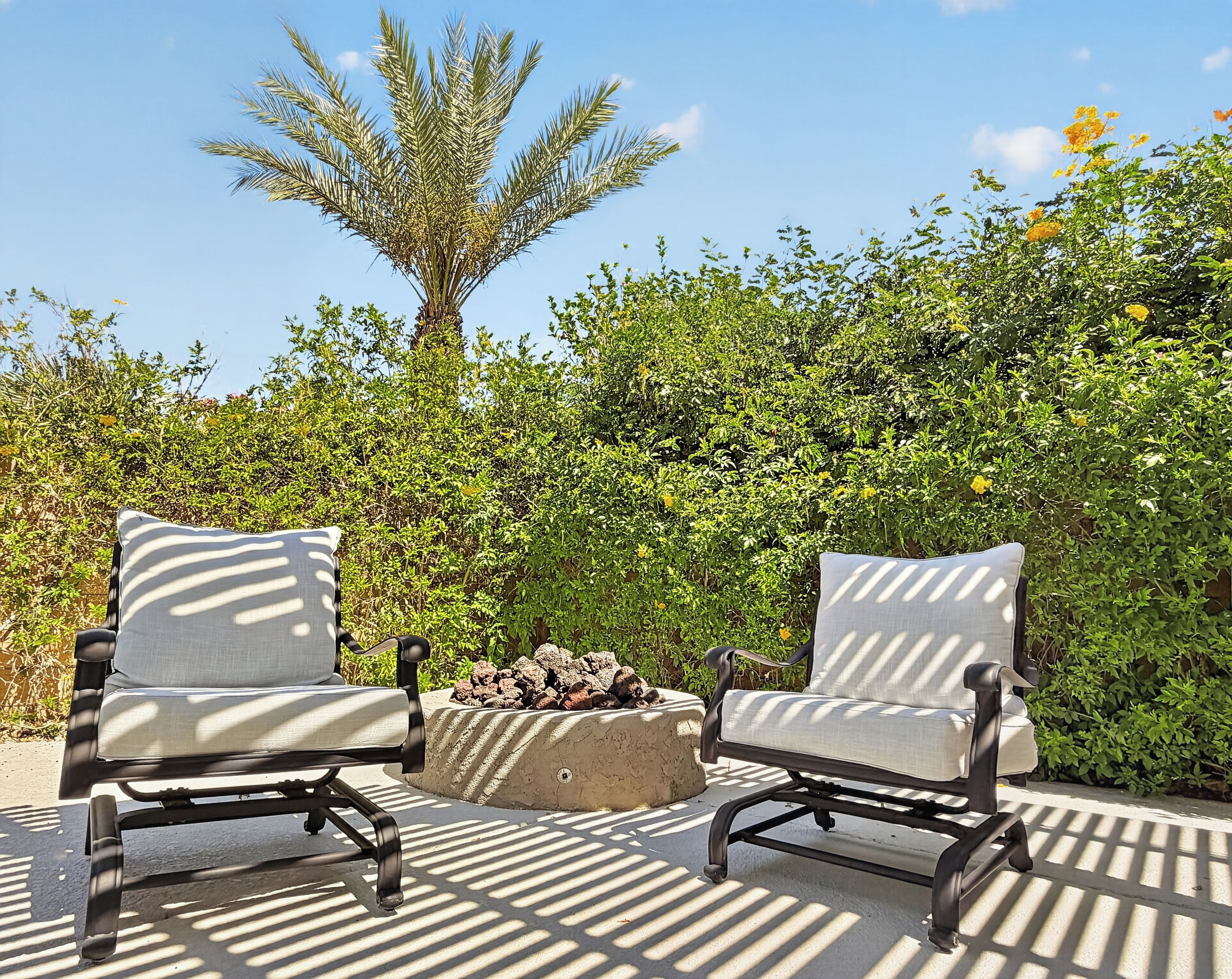 Two outdoor chairs with cushions, a stone fire pit, and a dense green hedge in the background.