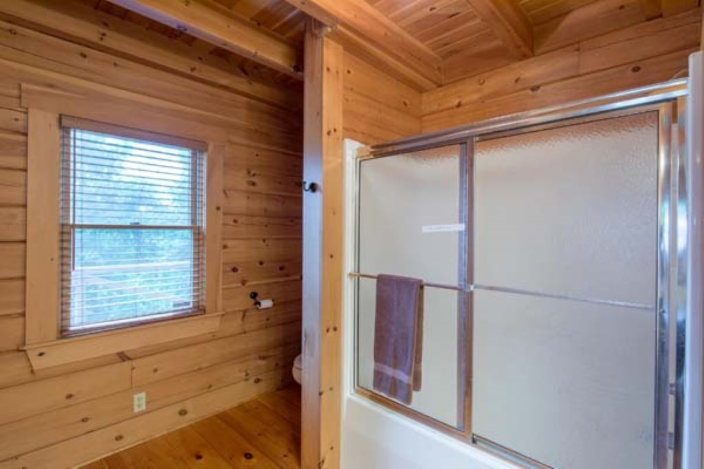 Baño de cabaña de madera con ventana, ducha con vidrio satinado y una toalla colgada en la puerta.