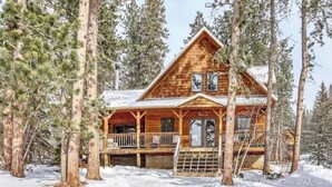 A wooden cabin with a porch and multiple windows, surrounded by tall pine trees and snow.
