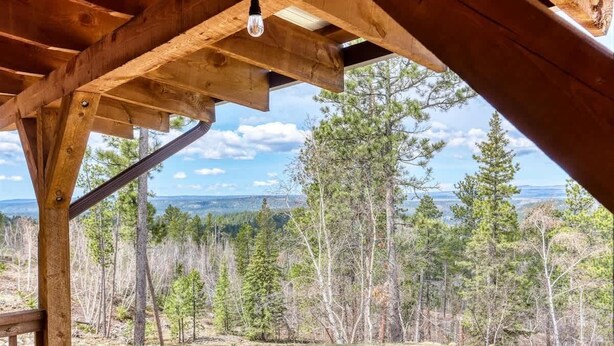 Une structure en bois offrant une vue sur une forêt et des montagnes lointaines.