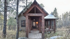 Een rustieke chalet met een houten veranda en een metalen dak, omringd door bomen.