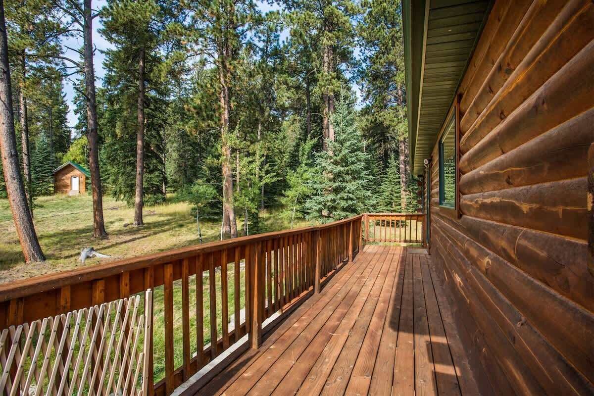 Une terrasse en bois avec une rambarde, entourée de grands arbres et, au loin, une petite cabane.