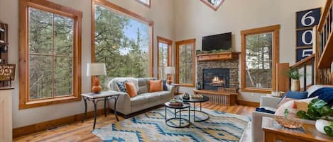 Flat-screen TV, fireplace