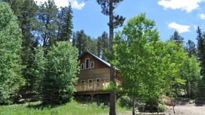 A wooden cabin with a deck, surrounded by dense forest. - Rustling Wind Haven (Lead)
