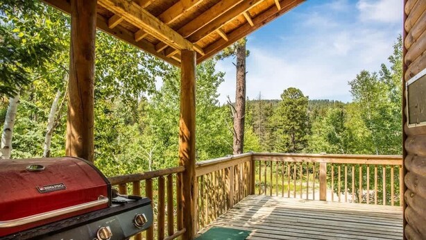 A wooden deck with a grill, surrounded by trees. - Rustling Wind Haven (Lead)