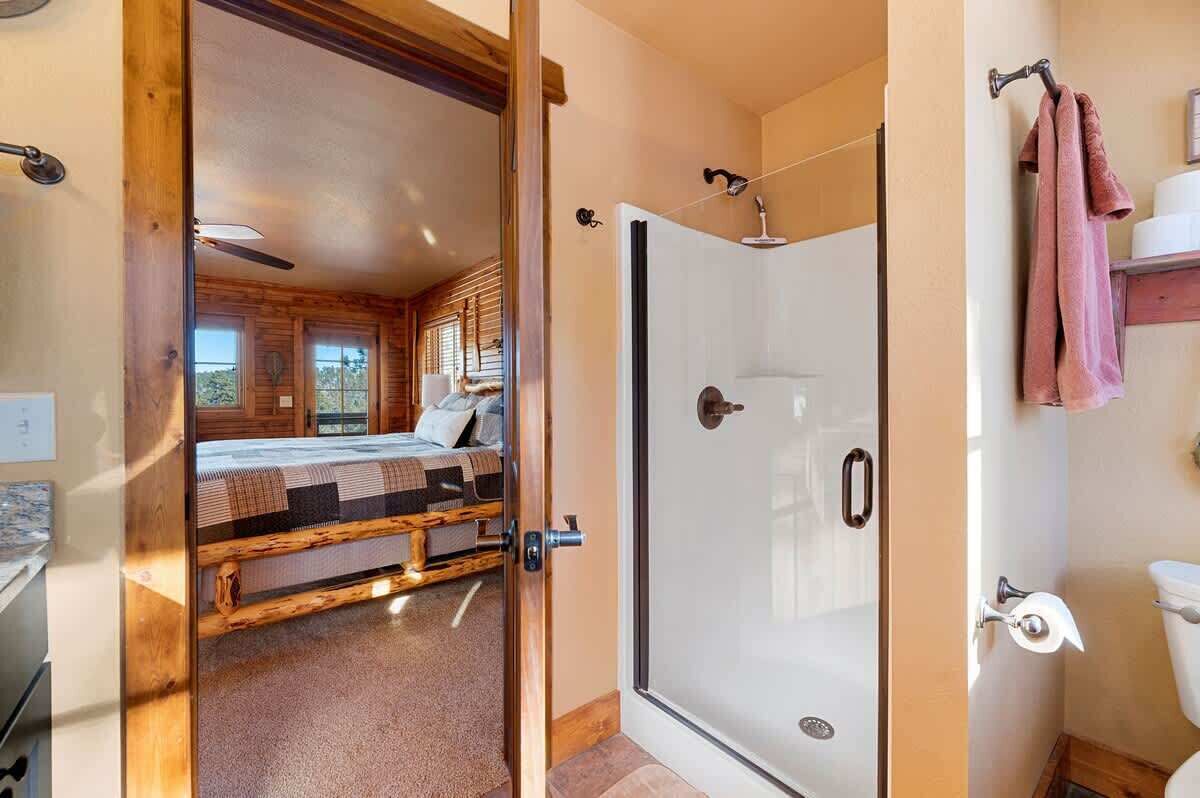 A room with a bed, a glass-enclosed shower, and a toilet.