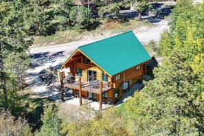 A log cabin with a green roof, a deck, and a view of a forested area.