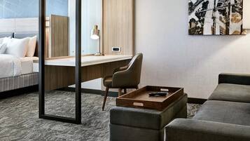 Desk, laptop workspace, blackout drapes, soundproofing