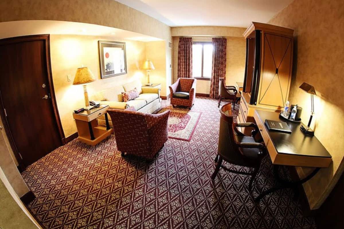 A hotel room with a patterned carpet, a sofa, a chair, a desk, a lamp, a mirror, and a door.