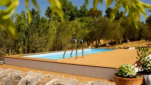 Piscina rectangular con cubierta de madera, rodeada de rocas y plantas en macetas.