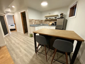 Fridge, microwave, coffee/tea maker, electric kettle