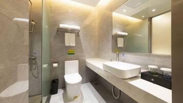 Un baño moderno con ducha de vidrio, inodoro blanco y un espejo grande sobre un lavamanos blanco.