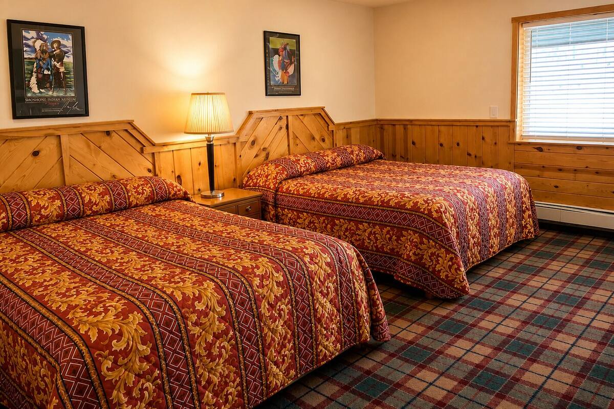A hotel room with two beds, a wooden headboard, a plaid carpet, and two framed pictures on the wall.
