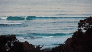 Vista costera con olas, afloramientos rocosos y vegetación escasa.