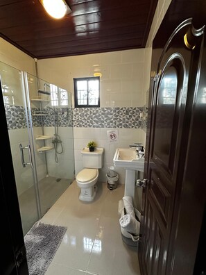 Een badkamer met een douchecabine van glas, een toilet, een wastafel en een klein raam.