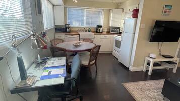 Microwave, dishwasher, coffee/tea maker, cookware/dishes/utensils