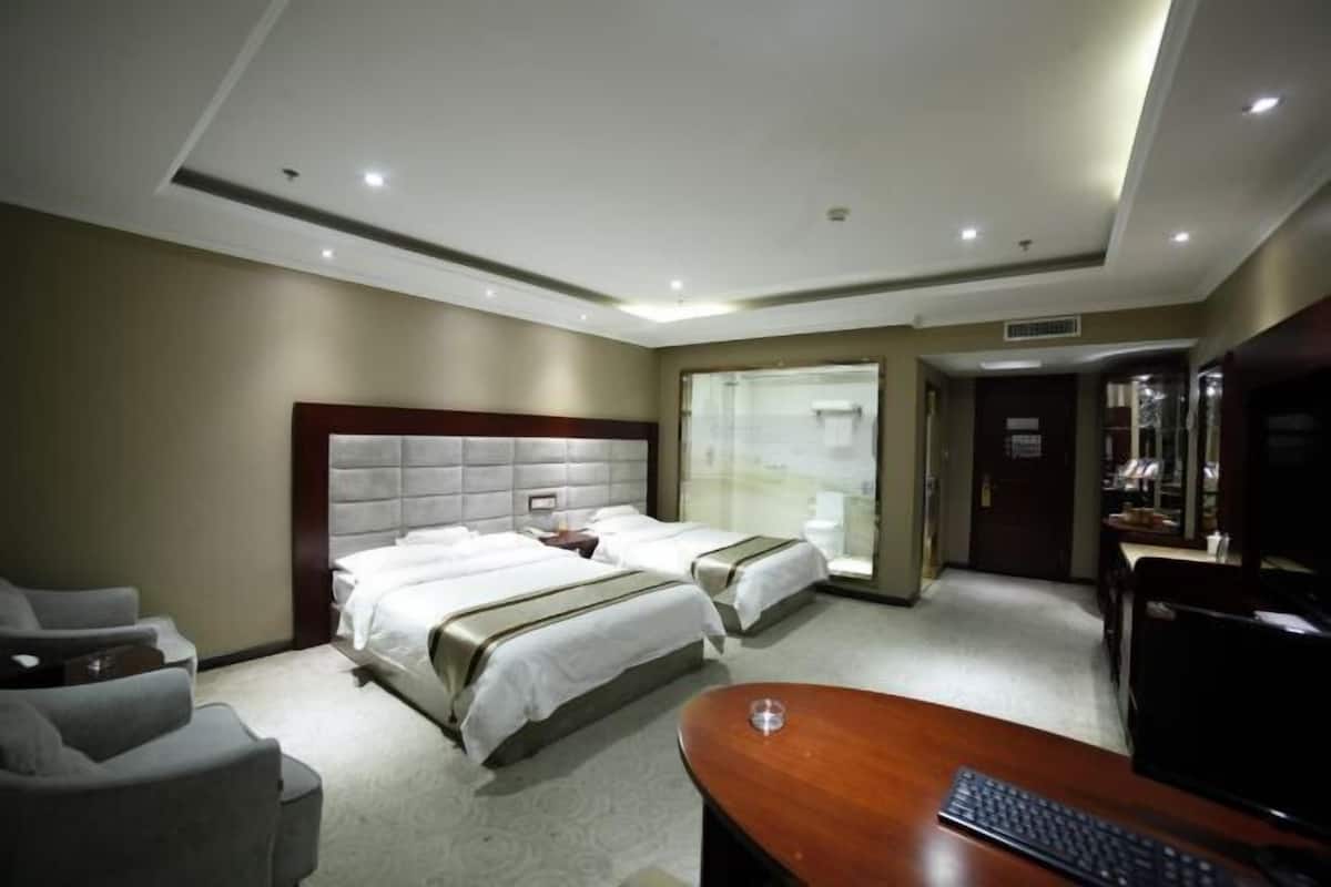 Una habitación de hotel con dos camas, un escritorio, una silla y un televisor.