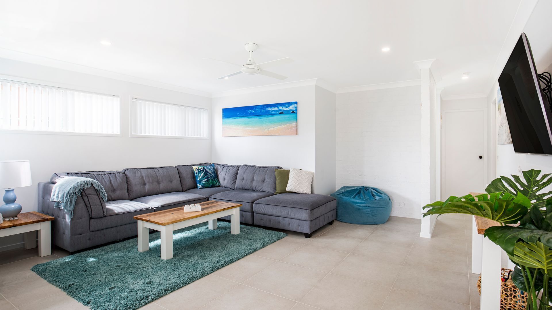 TV, fireplace, books, stereo