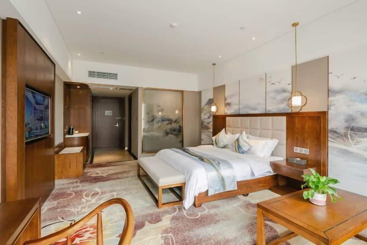 A hotel room with a bed, bedside table, TV, and a large window.