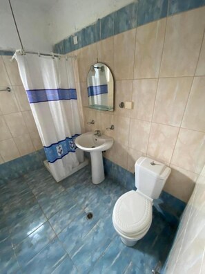 A bathroom with a toilet, sink, and shower curtain. - Matala Hostel (Faistos)