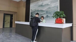 Un mostrador de recepción con un cuadro grande de montañas, una planta en maceta y una persona parada en el mostrador.