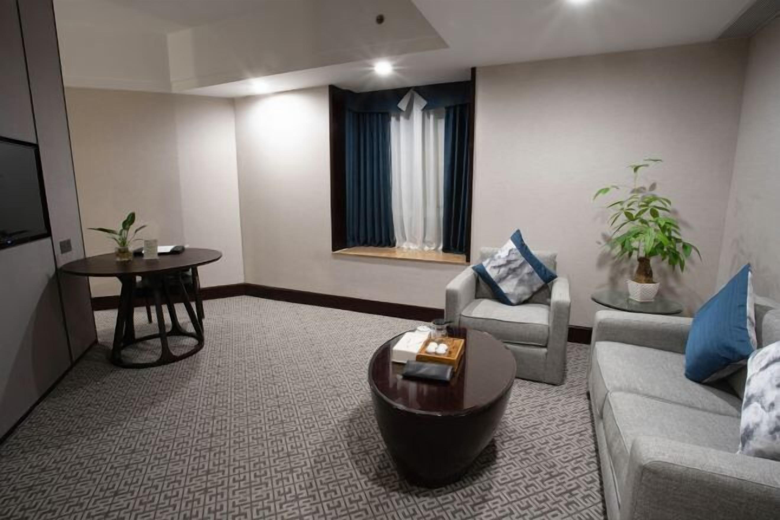 A modern living room with a sofa, armchair, coffee table, and a small table with a plant.