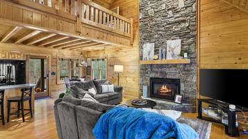 Smart TV, fireplace, books