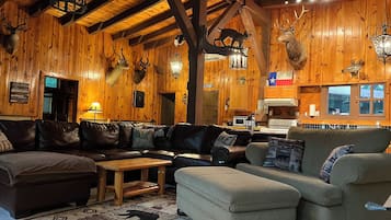 Smart TV, fireplace, video games, DVD player