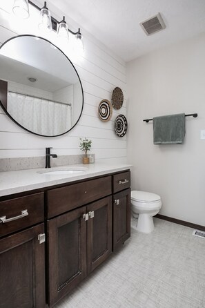 Combined shower/bathtub, hair dryer, towels, soap