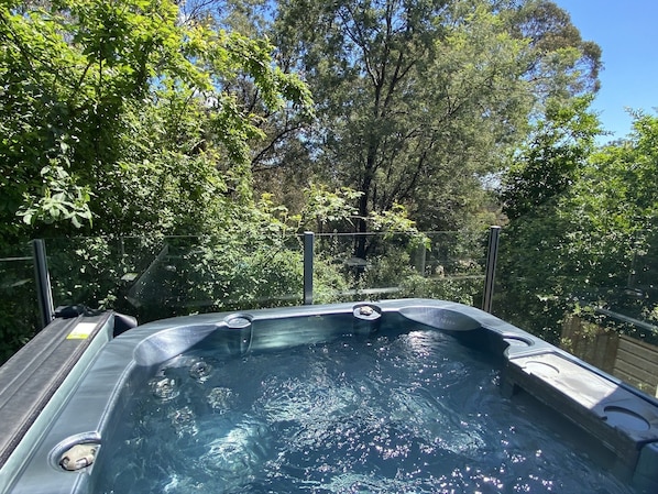 Ein Whirlpool, umgeben von üppigem Grün und Bäumen.