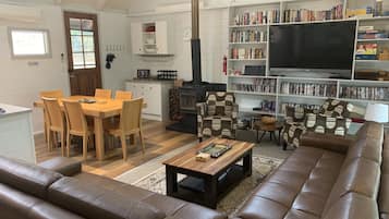 TV, fireplace, DVD player, books