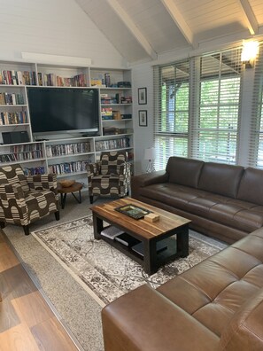 TV, fireplace, DVD player, books