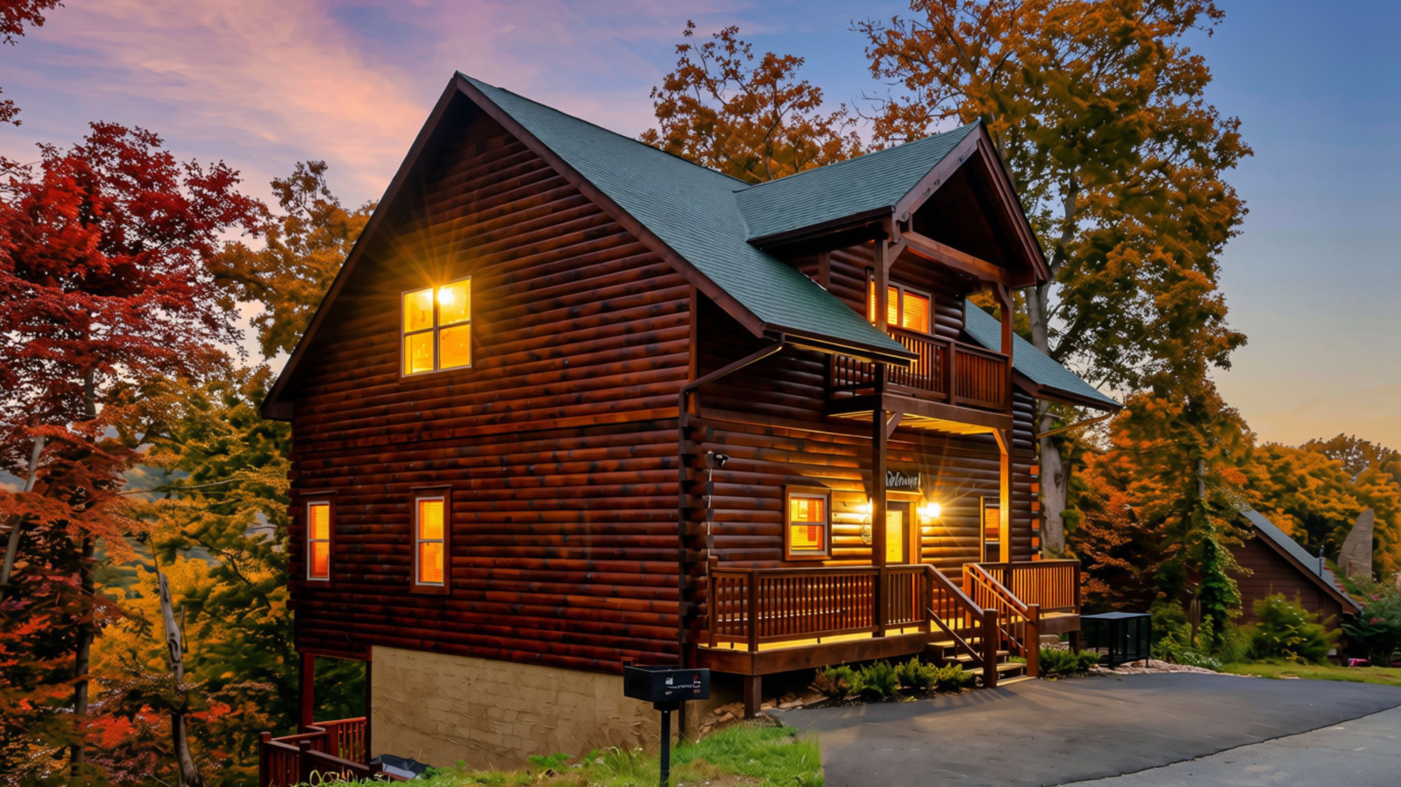 A log cabin with a balcony, a porch, and a chimney.